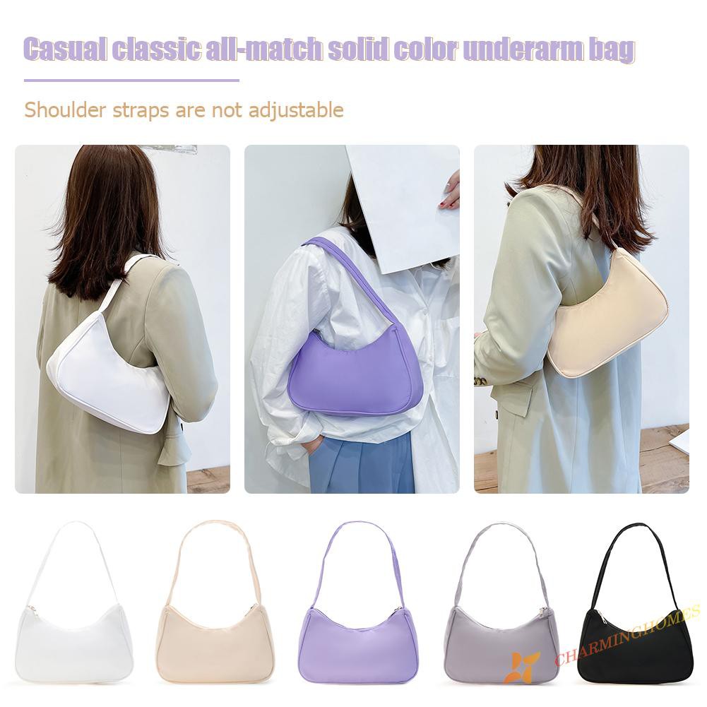 Fashion Solid Color Underarm Bag Nylon Hobos Bag Women Zipper Shoulder Bag