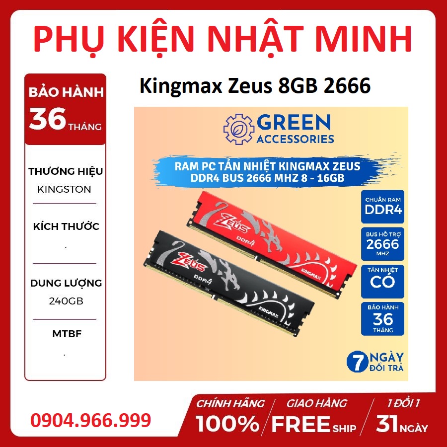 Ram tản nhiệt PC Kingmax Zeus 8GB 2666 (1x8GB) 2666MHz đẳng cấp đến từ thương hiệu (HÀNG NEW CHÍNH HÃNG BH 3 NĂM)