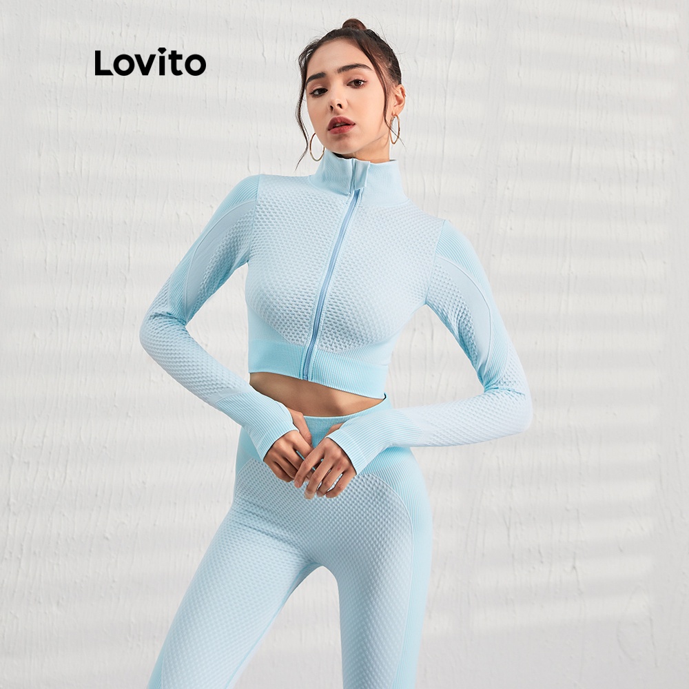 Áo khoác thể thao Lovito L07025 cổ đứng phối dây kéo màu xanh dương nhạt