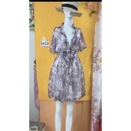 Đầm voan tím xẻ cổ sâu chất voan mịn đẹp size S-M.S427
