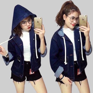 Áo khoác jean nữ có nón phom rộng 60kg, vải jean denim dày dặn, 3 màu