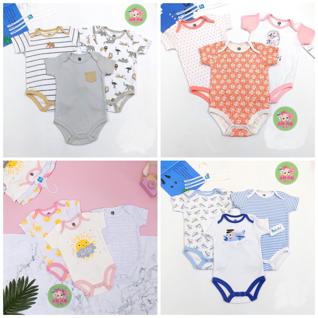 COMBO 3 Bodysuit Body Chip Cộc Tay Kèm Móc Hàng VN Xuất Dư Cho Bé Siêu Đẹp