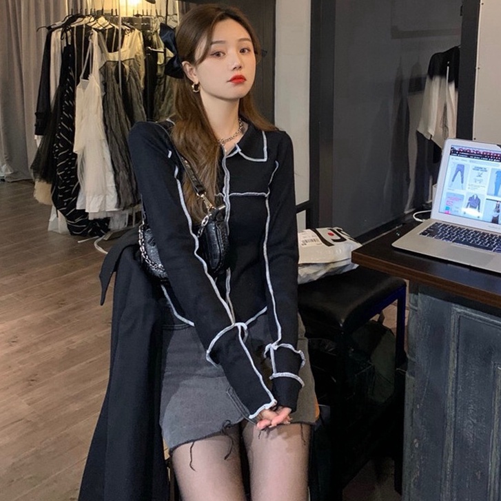 QKOOLE  Áo dệt kim tay dài cổ POLO phong cách Hàn Quốc cho nữ