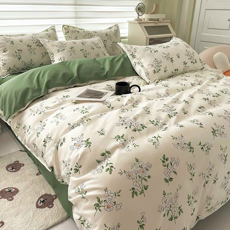 BỘ CHĂN GA GỐI COTTON POLY NHẬP KHẨU 100% ( CHĂN ĐÃ TRẦN BÔNG) HỌA TIẾT HOA NHÍ XANH - ĐỦ KÍCH THƯỚC