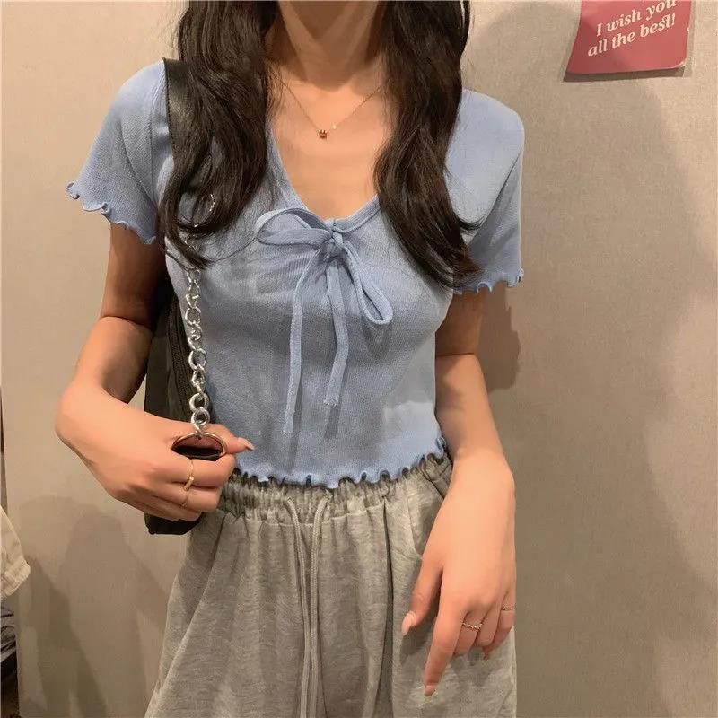 ❤️❤️Áo crop top dệt kim tay ngắn hở rốn đính nơ dễ thương quyến rũ cho nữ