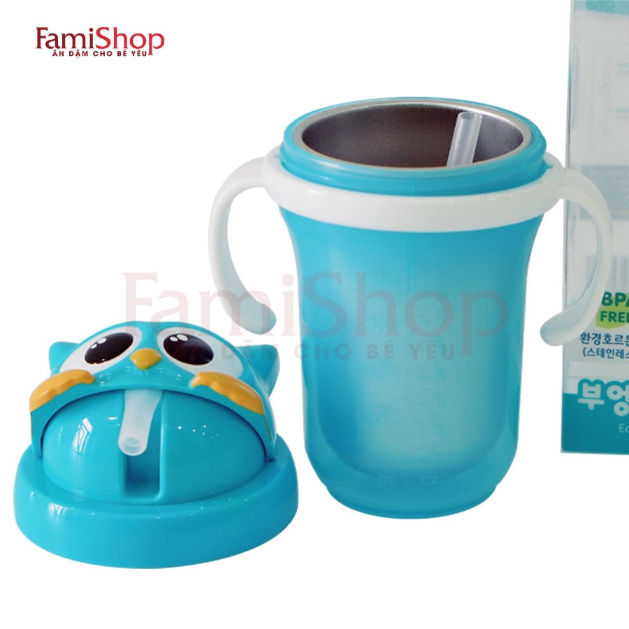 FamiShop Bình nước GIỮ NHIỆT ẤM có ống hút - hình cú mèo Edison, cung cấp nước ấm cho bé
