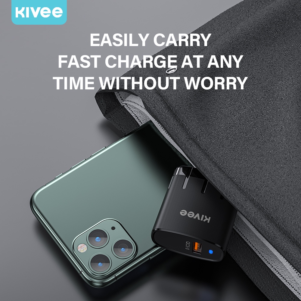 Củ sạc nhanh Kivee-AE98 18W 3A QC3.0 PD 3.0 kích thước nhỏ gọn tích hợp đèn LED chất lượng cao cho iPhone iPad Android