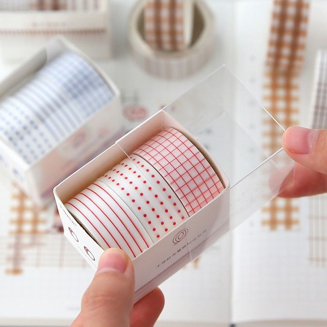 Bộ Washi tape băng dính dài 3m chấm bi/ kẻ Basic trang trí Bullet Journal, điện thoại