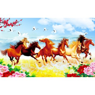 Tranh dán tường 3D Mã đáo thành công -tranh tám con ngựa - tranh ngựa- vải lụa kim tuyến
