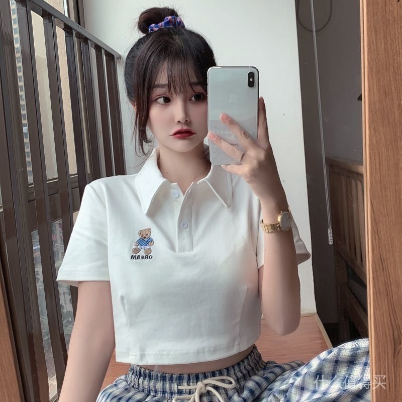 Women's 2021 spring and summer short sleeve bear t-shirts new wild thin white short high waist polo shirt | BigBuy360 - bigbuy360.vn