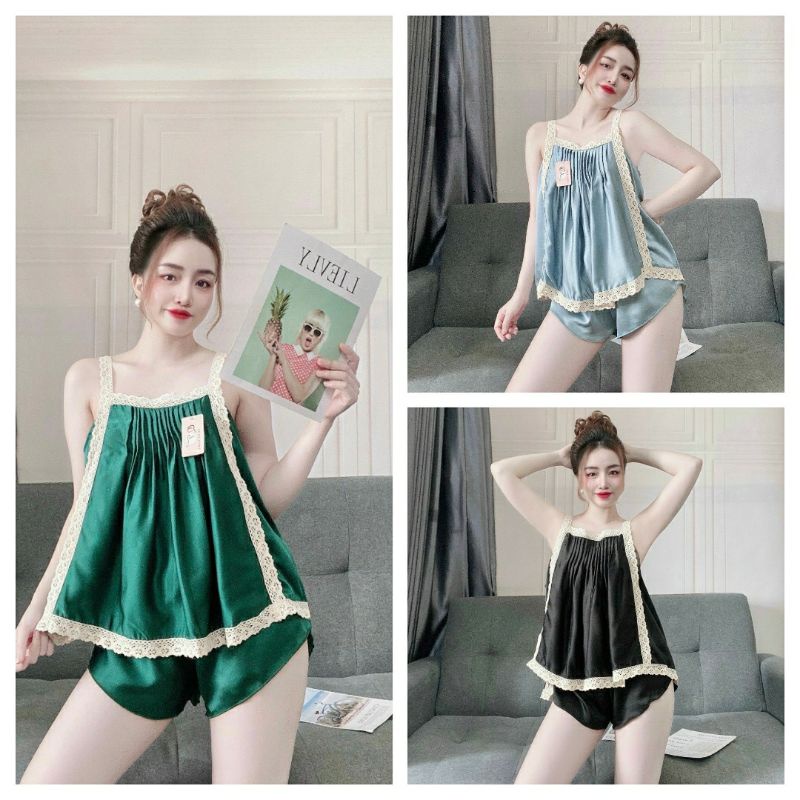 Bộ dây ngủ - viền ren - xếp ly - màu đỏ , đen,  cà rốt free size