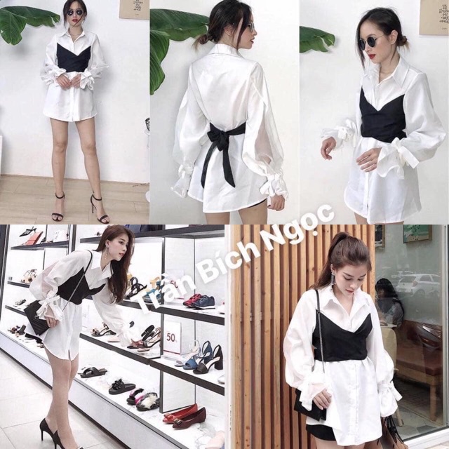 ÁO GIẤU QUẦN DOUBLE SHIRT DÁNG DÀI - ÁO SƠMI LIỀN TAY ĐẮP CHÉO CỘT NƠ ĐEN PHÍA SAU -ĐẦM ulzzang | BigBuy360 - bigbuy360.vn