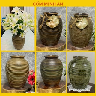 Bình hoa lọ hoa gốm men mộc cắm hoa sen, hoa loa kèn, dáng chum đắp sen nổi gốm sứ bát tràng- gốm minh an