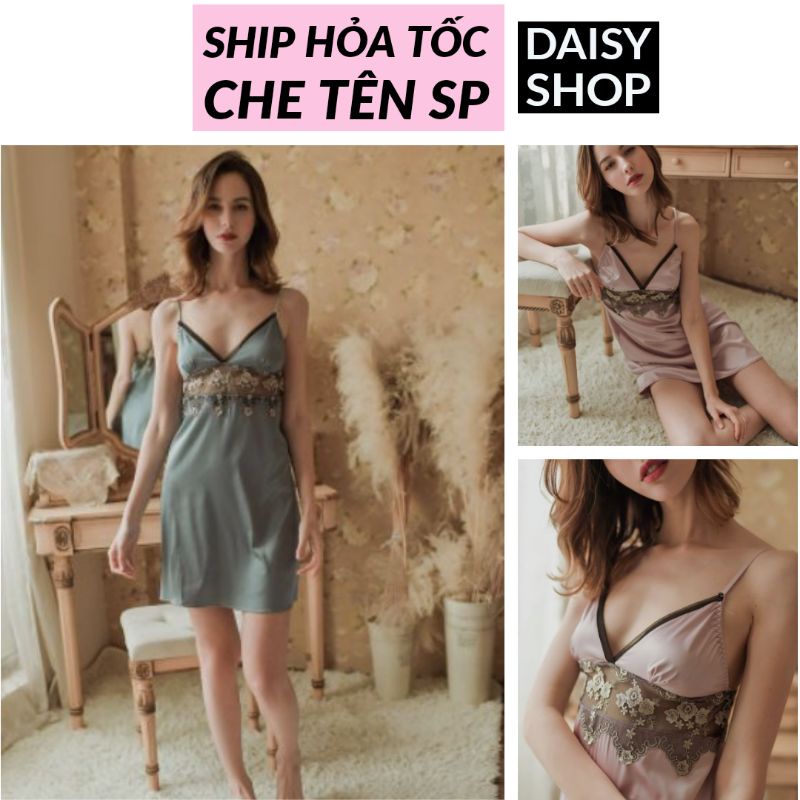 Váy ngủ 2 dây sexy - đầm ngủ lụa phối ren hoa mai gợi cảm