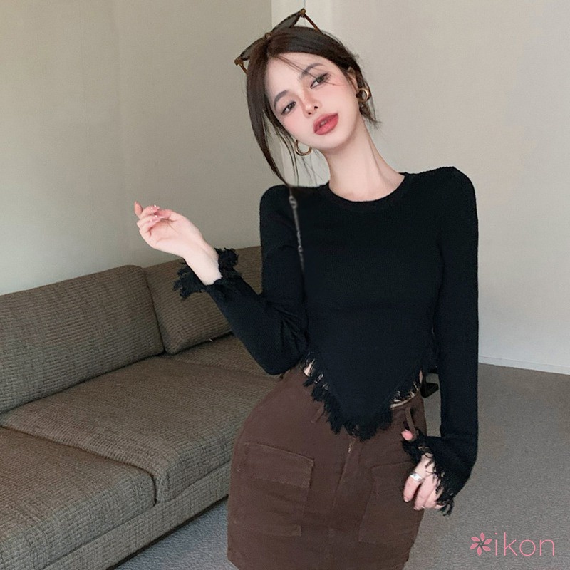 Áo Croptop Dệt Kim Tay Dài Cổ Tròn Màu Sắc Thanh Lịch