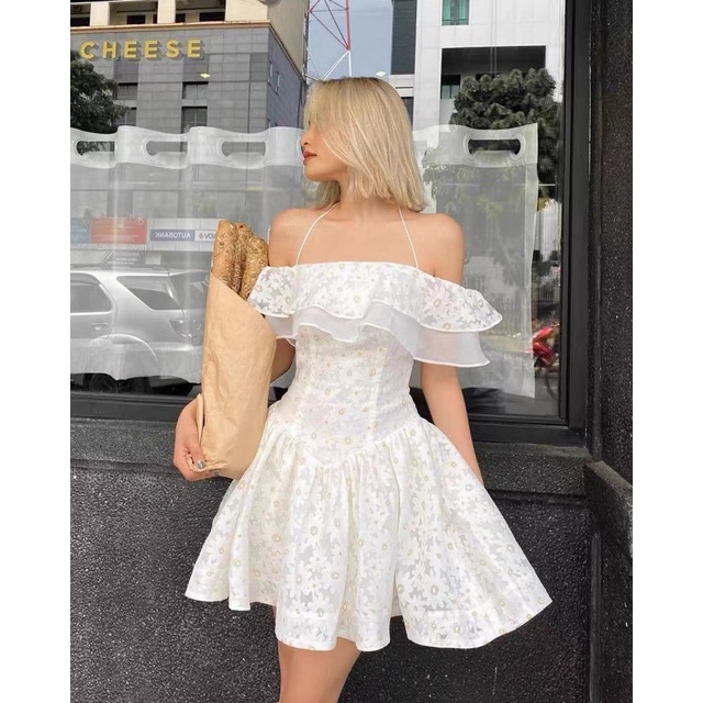 Váy trắng tiểu thư Cúp ngưc Flower Dress trễ vai bèo form chiết eo chữ V hàng thiết kế
