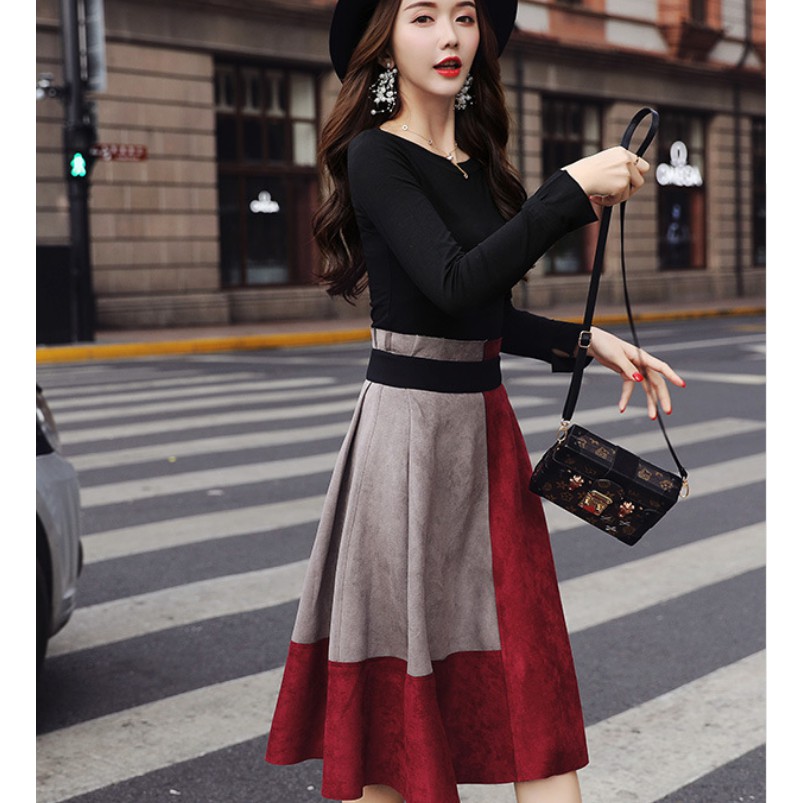Chân váy da lộn siêu chất kèm áo phong cách Hàn Quốc