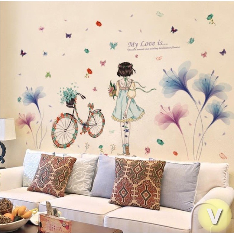 Decal dán tường Cô gái váy xanh và hoa