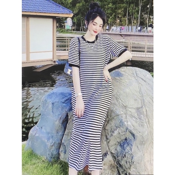 Váy Suông Kẻ Dáng Dài Chất Cotton Co Dãn From Rộng Bầu Mặc Xinh