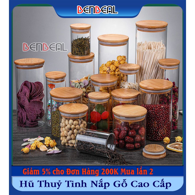 Hộp Thủy Tinh, Lọ Thủy Tinh, Hũ Thủy Tinh Nắp Gỗ BENBEAL 200ml 270ml 350ml 500ml 750ml 1000ml 1200ml