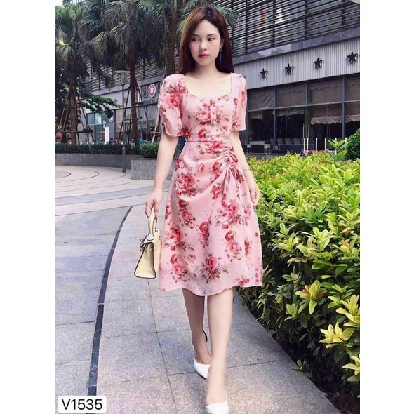 Đầm hoa cổ vuông rút dây eo thời trang dạo phố dự tiệc