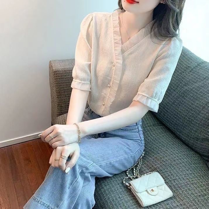 Áo Voan Ngắn Tay Cổ Chữ V Phong Cách Phương Tây Thời Trang Mùa Hè Cho Nữ