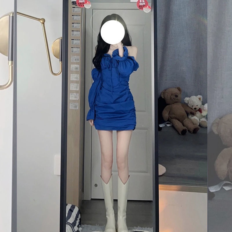 Đầm body nhún trễ vai màu xanh coban sexy