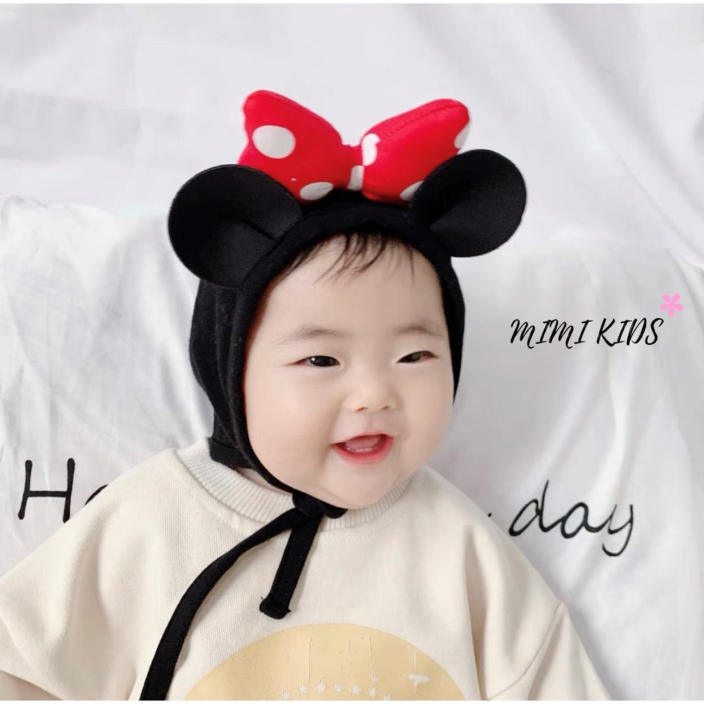 Mũ cotton tai mickey cho bé mũ buộc dây Mimi Kids (0-12m) MD31