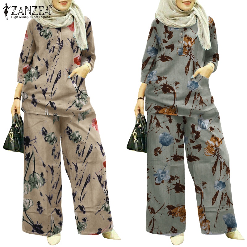 Zanzea Set Đồ Hồi Giáo Tay 3/4 In Họa Tiết Vintage Cho Nữ