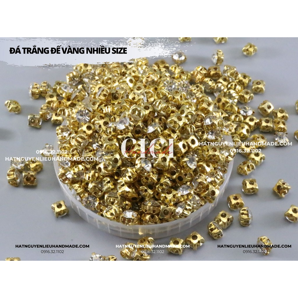 Túi 100 hạt Đá trắng đế vàng có đế kim loại lỗ khâu Cici Handmade chuyên hạt đá hạt pha lê hạt cườm hạt trang sức