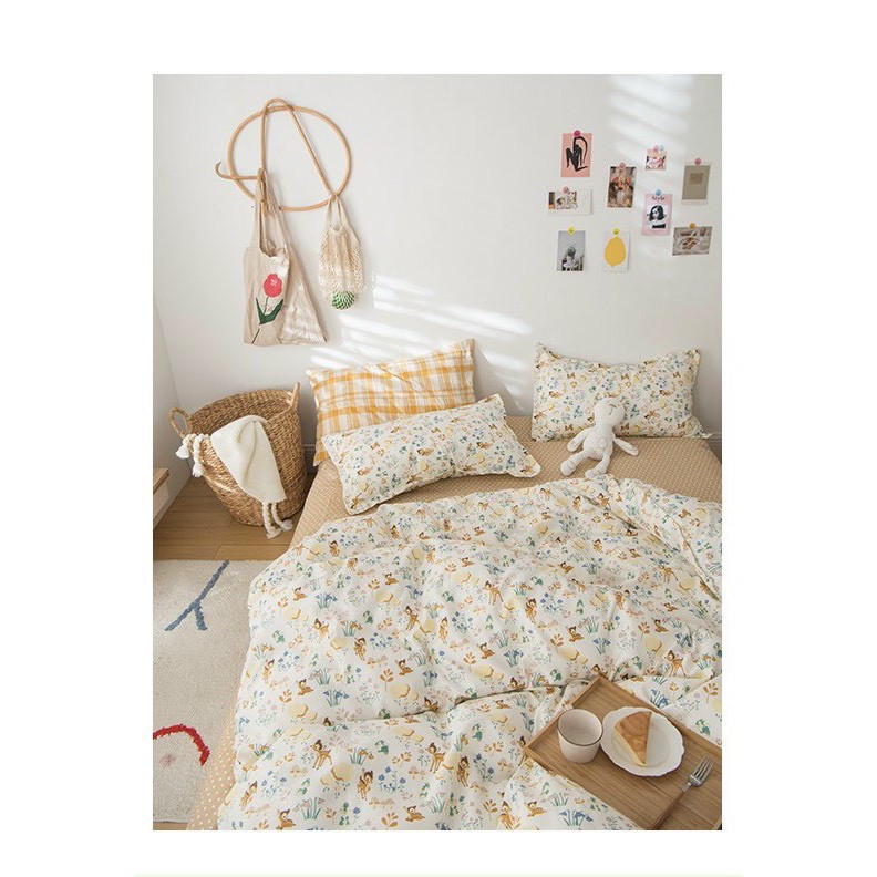 Bộ chăn ga gối Cotton poly M2T bedding Con nai nâu, vỏ chăn mền, drap nệm và 2 vỏ gối