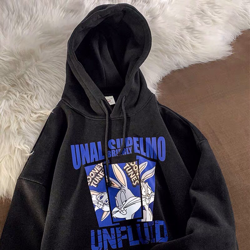 Áo hoodie nữ form rộng 2N Unisex nỉ bông in hình thỏ bunny màu đen/xám/trắng