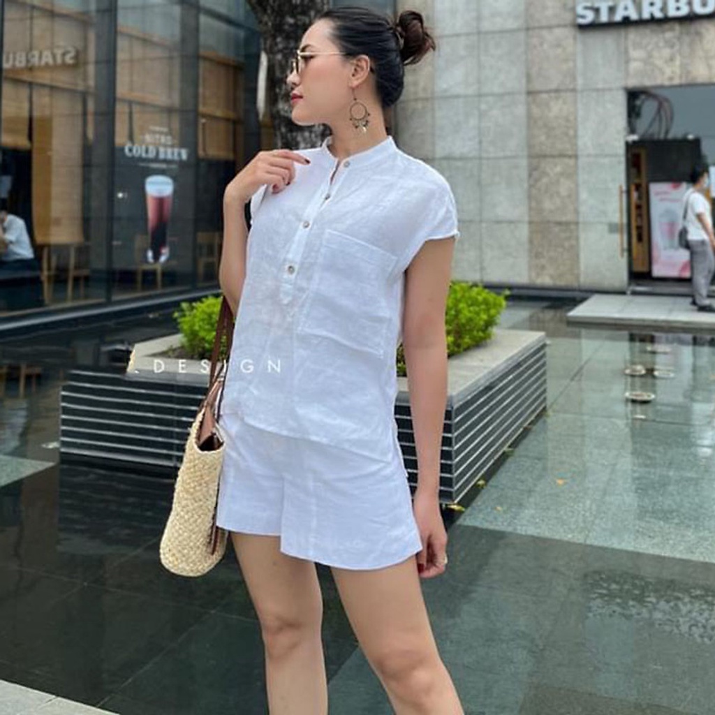 Set bộ đi chơi linen cổ tầu kèm quần short trẻ trung