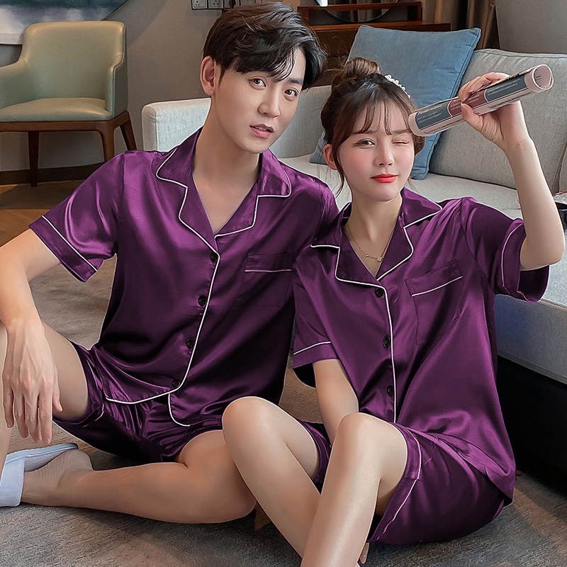 Bộ Đồ Ngủ Vải Lụa Satin Tay Ngắn Plus Size M-5XL Thời Trang Hàn Quốc Cho Nam Và Nữ