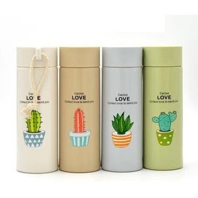 Bình Nước Thủy Tinh 450ml Bọc Nhựa Cách Nhiệt In Hình Cây Xương Rồng Dễ Thương