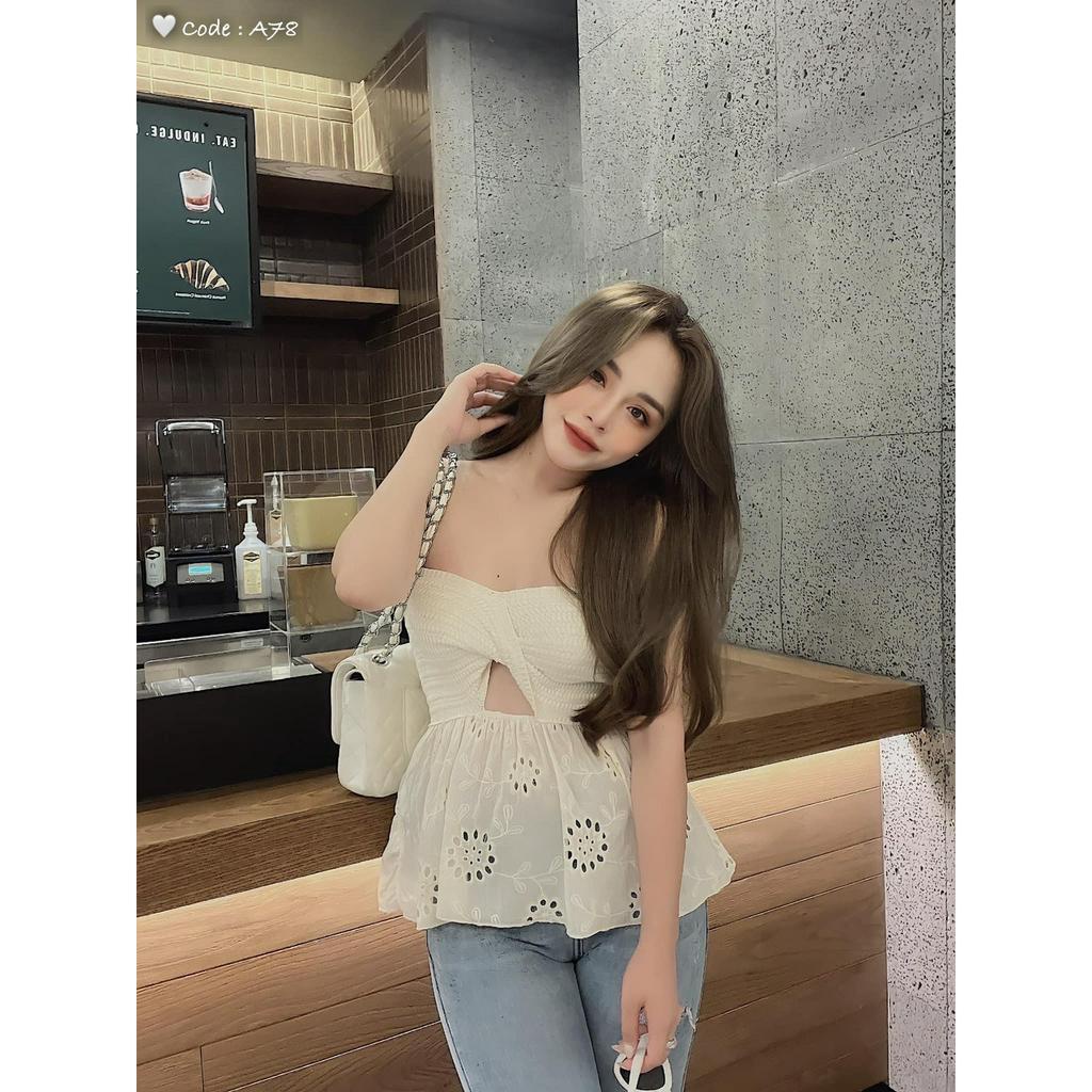 Áo ống len ngực xoắn phối ren thô dưới xinh xắn