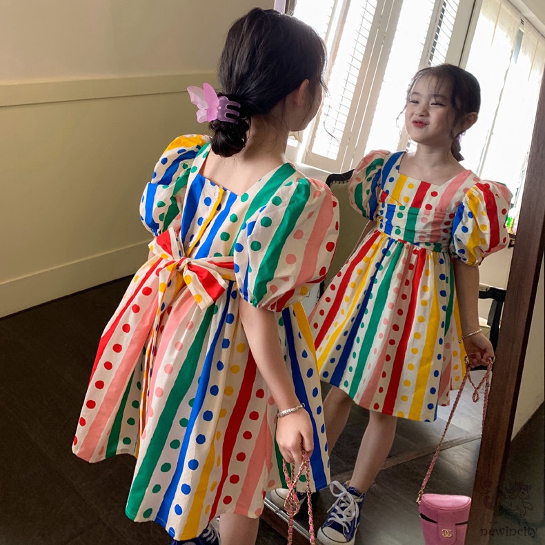 Đầm Công Chúa Tay Ngắn In Họa Tiết Chấm Bi Nhiều Màu Kiểu Hàn Quốc Xinh Xắn Cho Bé