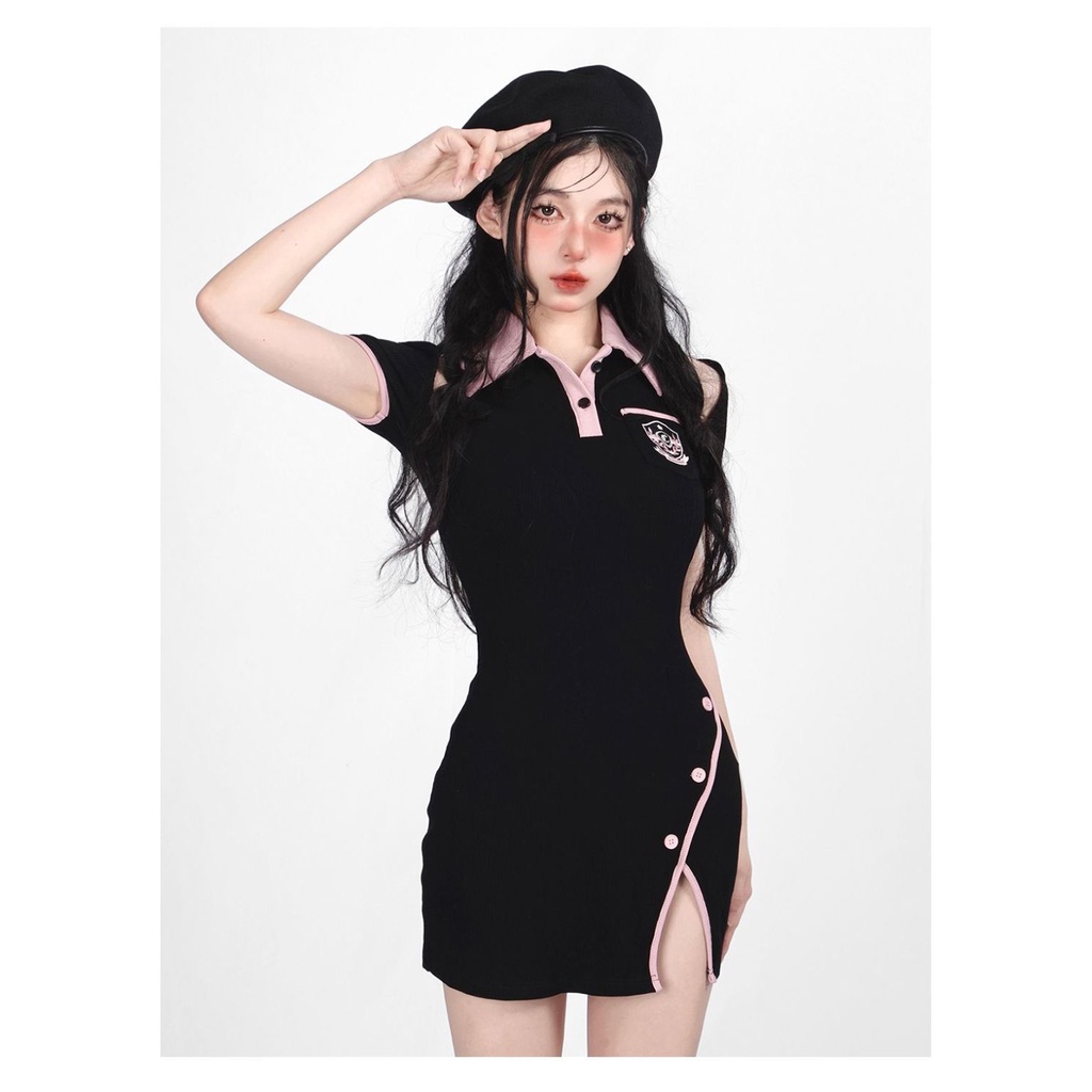 Đầm Ngắn Ôm Hông Xẻ Tà Tay Dài Hở Vai Phong Cách Preppy Mùa Thu Cho Nữ