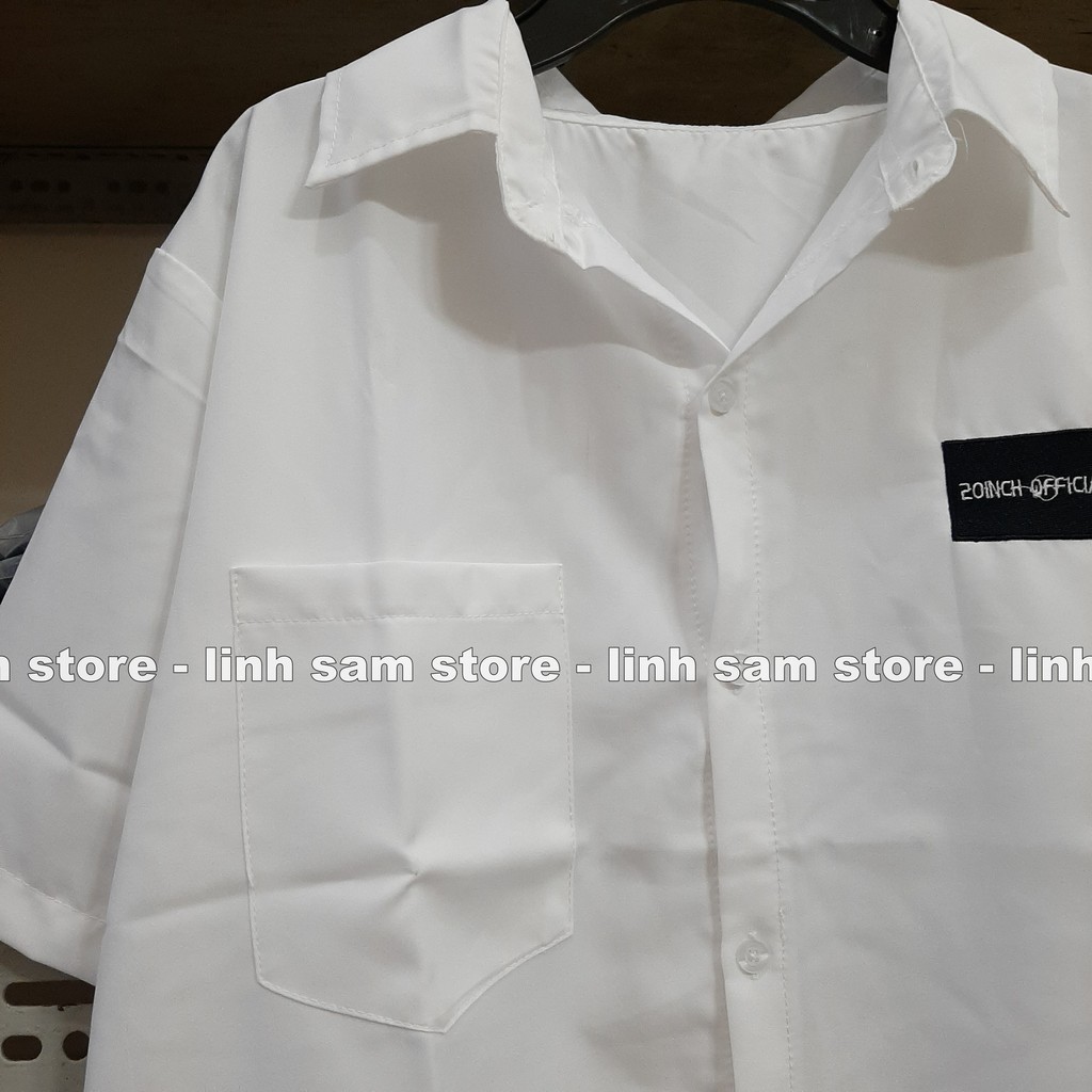 Áo sơ mi đi học nữ form rộng tay ngắn - lỡ có túi dáng ulzzang freesize unisex mặc đi học thêu LOGO ĐEN 20 INCH trắng | BigBuy360 - bigbuy360.vn