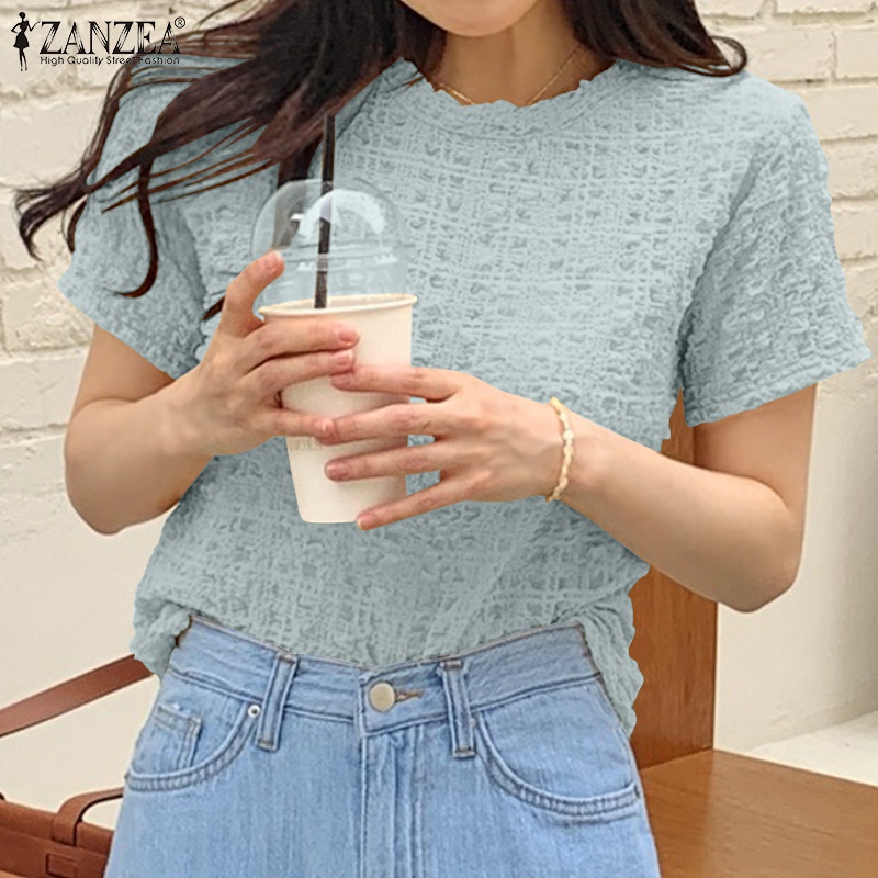 Áo thun ZANZEA tay ngắn cổ tròn màu trơn thời trang phong cách Hàn Quốc cho nữ
