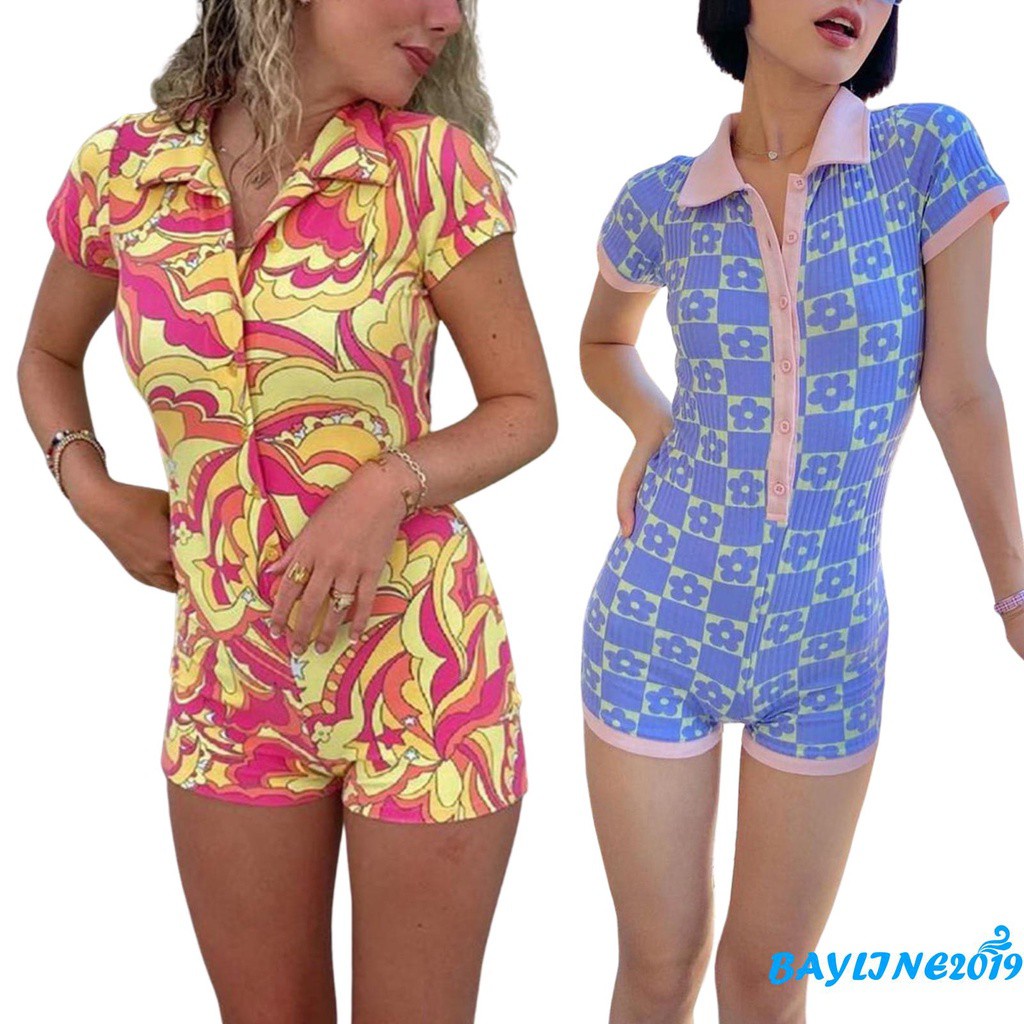 Áo Liền Quần Ngắn Tay Cổ Bẻ Cài Nút In Họa Tiết Thời Trang Cho Nữ