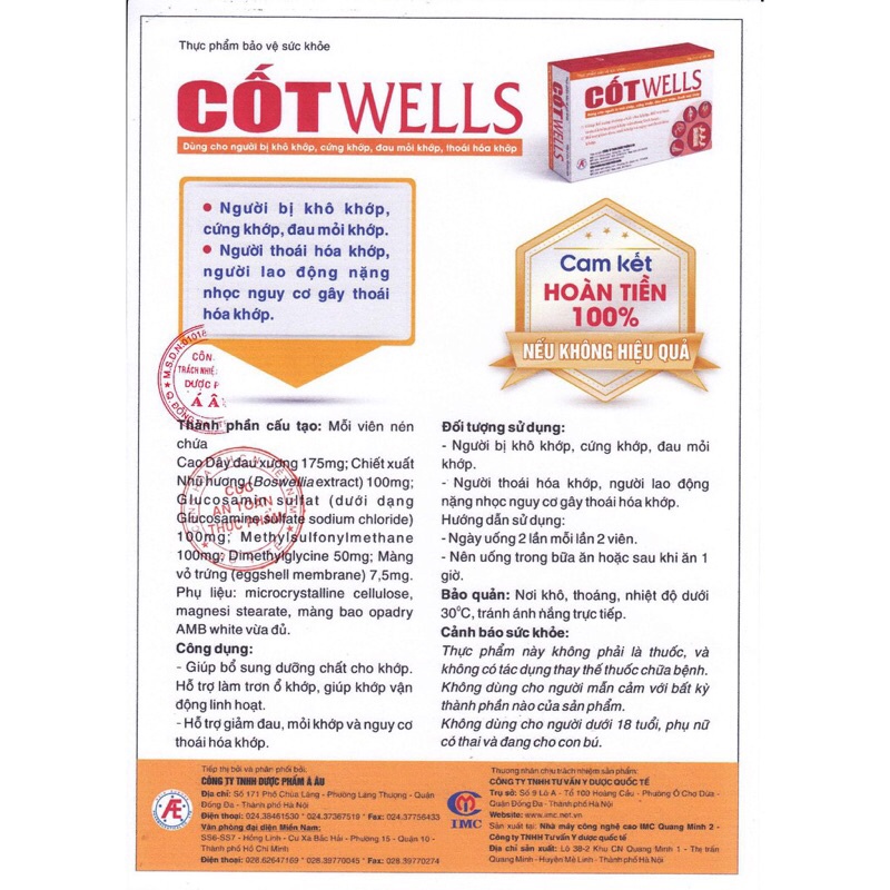 Cốt wells Người bị khô khớp, cứng khớp & đau mỏi khớp Người thoái hóa khớp & người lao động gây thoái hóa khớp (cotwells