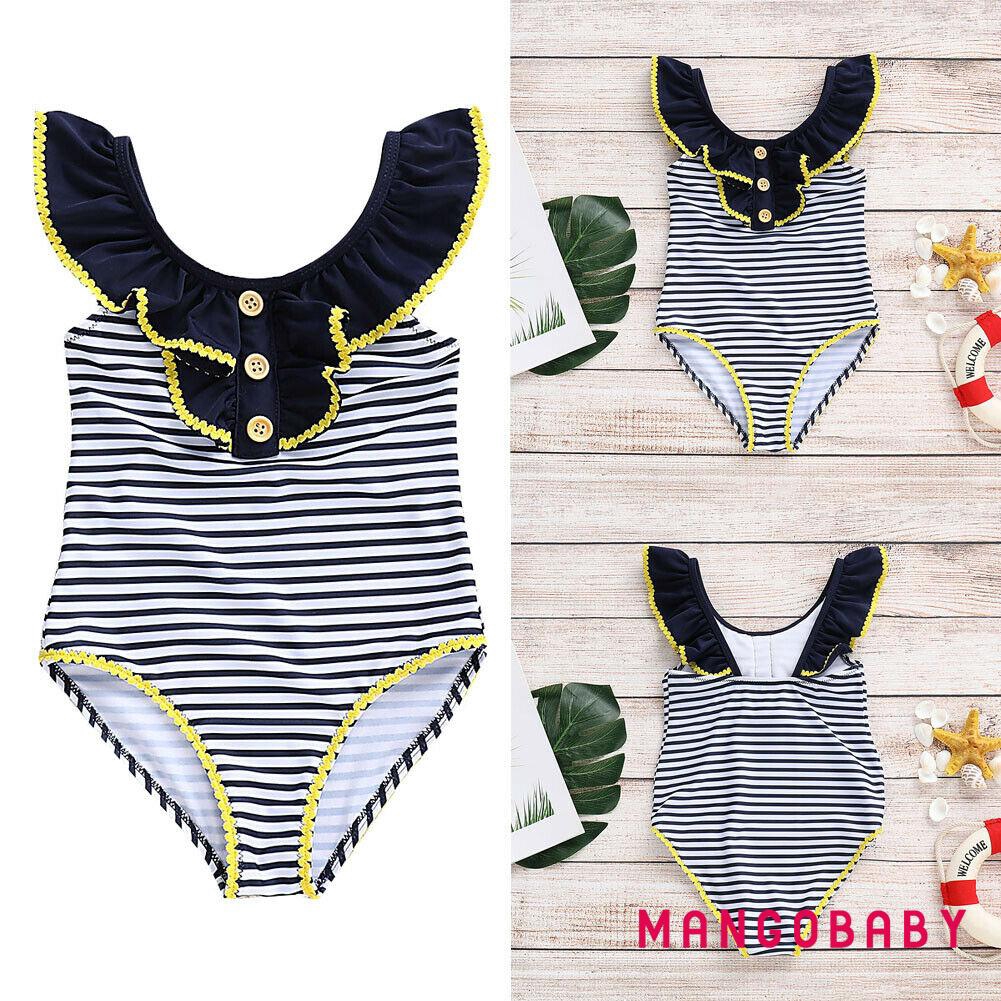 Bộ Đồ Bơi Bikini Họa Tiết Sọc Xanh Navy Cho Bé Gái