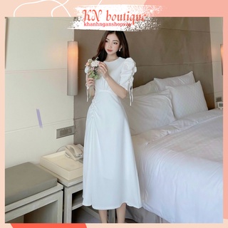 Váy dự tiệc cưới đơn giản đầm đẹp sang trọng tay bồng nhún eo dài xòe chất liệu lụa pháp K N Boutique