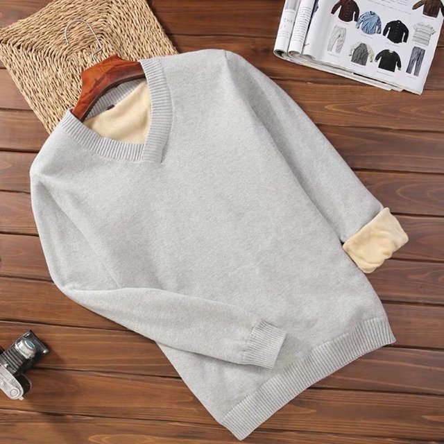 Áo len nam lót lông bên trong siêu ấm 1 màu loại cổ tròn hoặc cổ tim