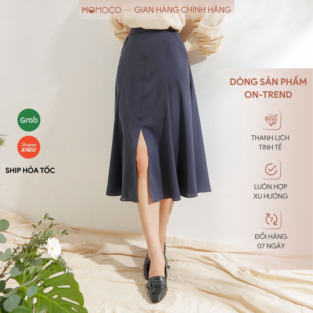 Chân Váy Xòe Midi MOMOCO Khuy Bọc Xẻ Tà Thân Trước Chất Trượt Mêm Không Nhăn M2837