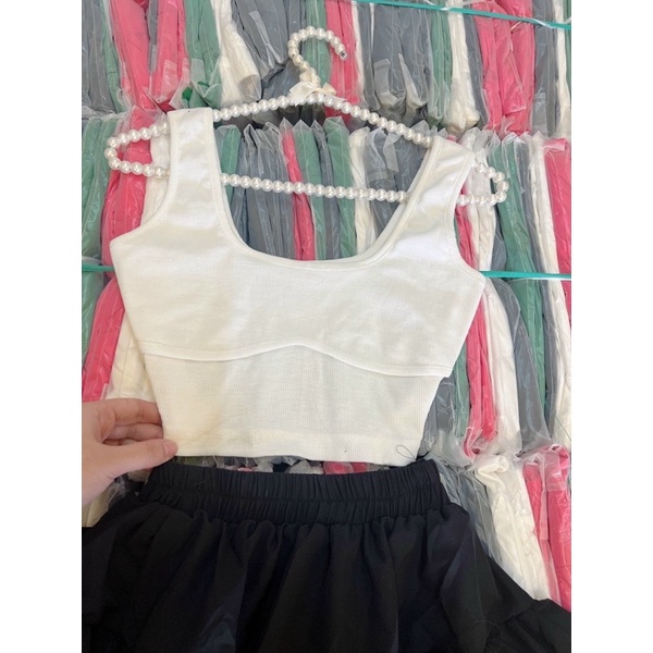 Set Tằm Ý Đầm Bút Chì Hồng Sọc Ngũ Sắc + Áo Croptop Tay Phồng Cúc Bọc Viền Bèo