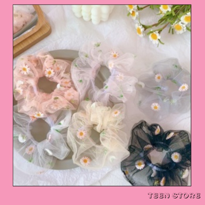 Buộc tóc scrunchies thêu hoa cúc ulzzang dễ thương