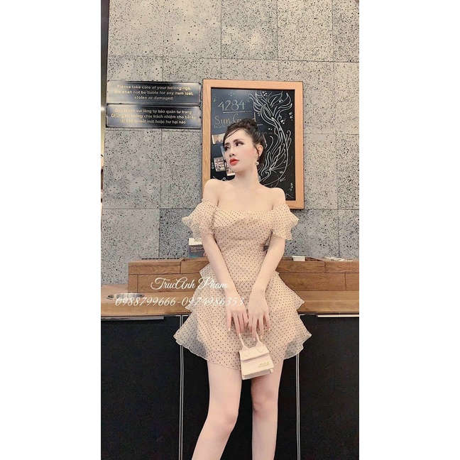 Đầm Thời Trang Nữ Mặc Đi Tiệc, Đầm Chất Voan Lưới Chấm Bi Tầng Có Mút Trễ Vai Bèo Màu Nu Chân Váy Xòe 3 Tầng Ngắn