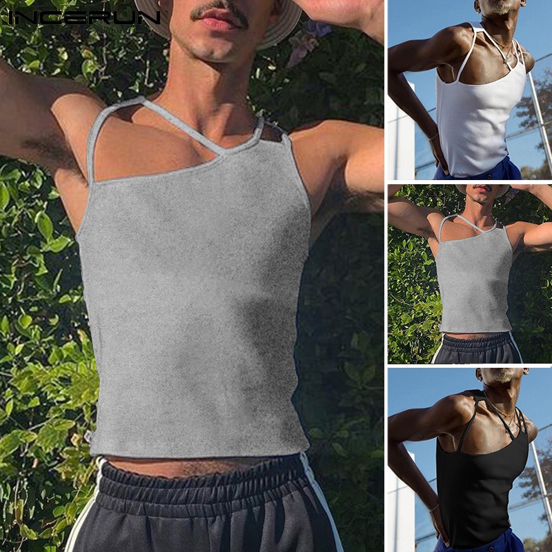 Áo kiểu INCERUN dành cho nam thiết kế không tay dây đeo ôm dáng thời trang 3 màu sắc lựa chọn